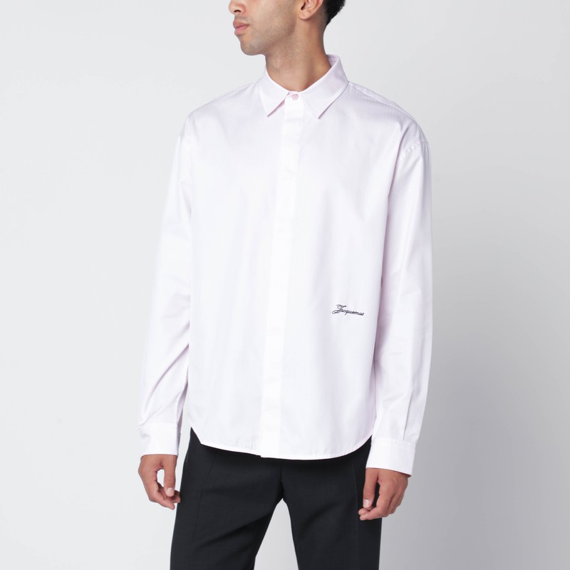 Jacquemus Men Shirt With Embroidered Logo And Herringbone Pattern In White