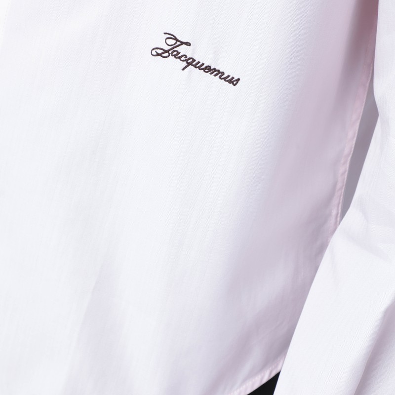 Jacquemus Men Shirt With Embroidered Logo And Herringbone Pattern In White