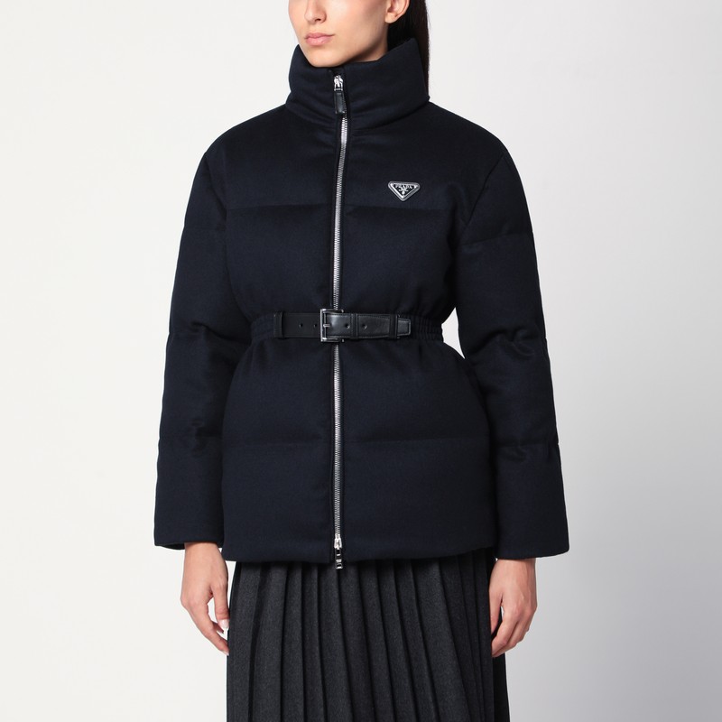 Piumino con cintura blu in flanella - Prada - Modalova