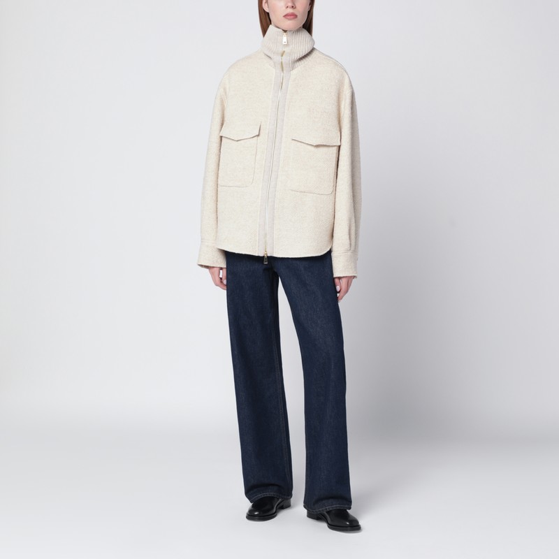 Moncler Light Beige Zip Jacket In Wool Blend In White