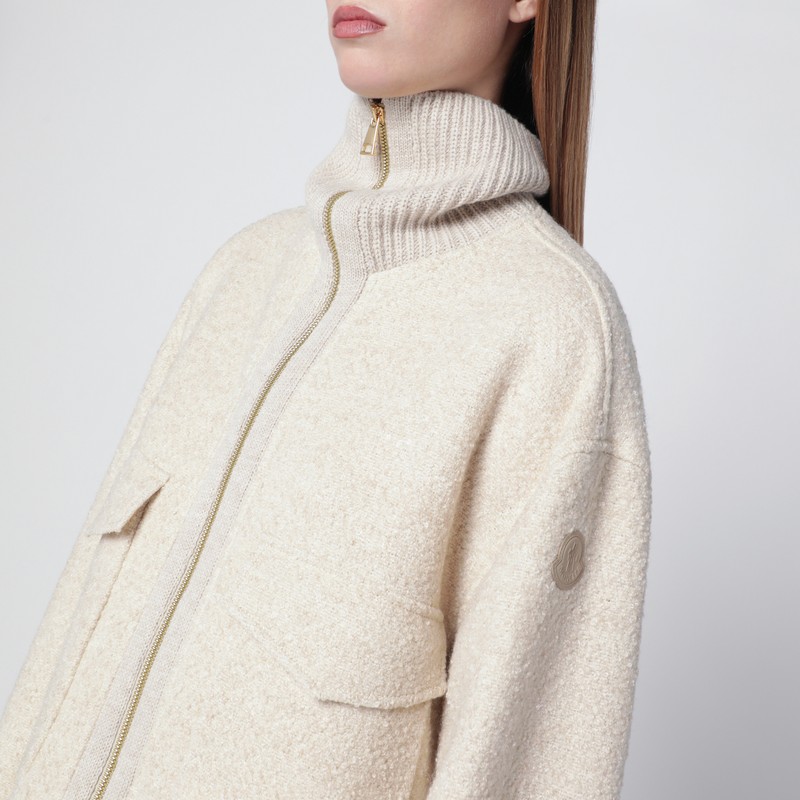 Moncler Light Beige Zip Jacket In Wool Blend In White