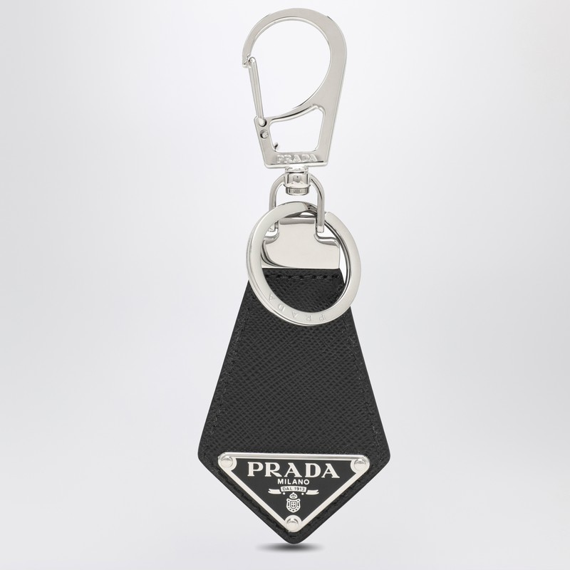 Prada Black Saffiano Key Holder With Logo In Brown