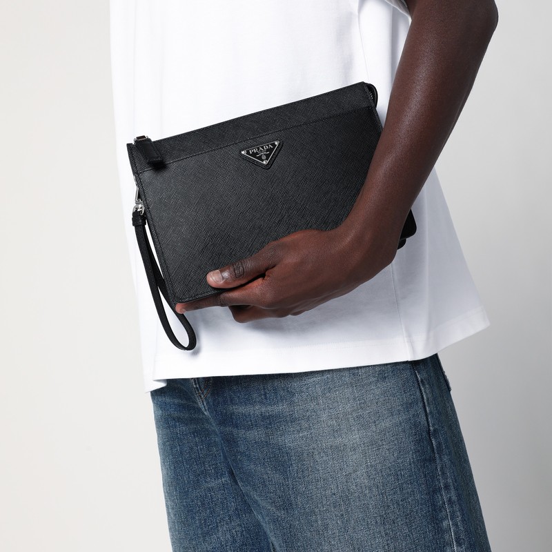 Prada Saffiano Leather Pouch With Triangle Logo In Black