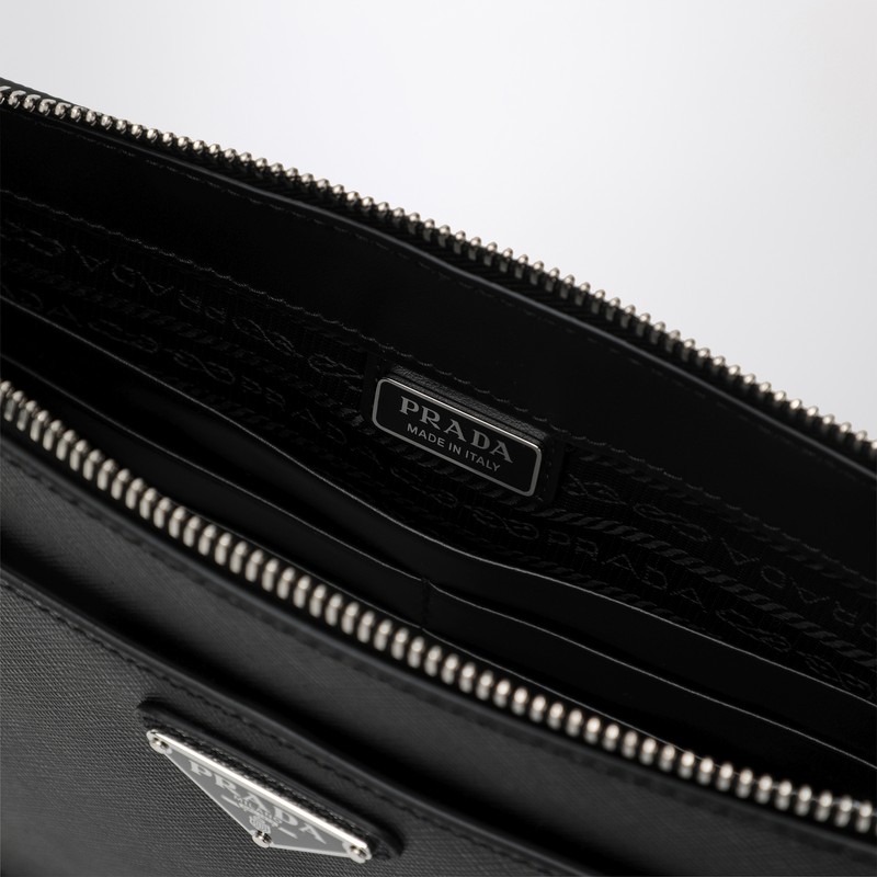 Prada Saffiano Leather Pouch With Triangle Logo In Black