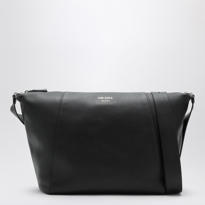 Prada Logo Print Leather Messenger Bag In Black