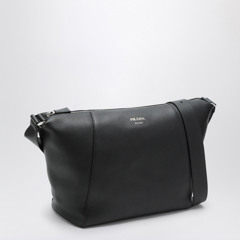 Prada Logo Print Leather Messenger Bag In Black
