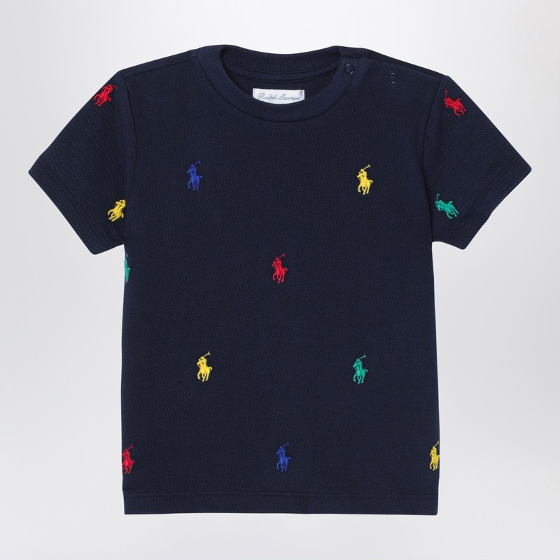 Navy blue cotton T-shirt with embroidered logos