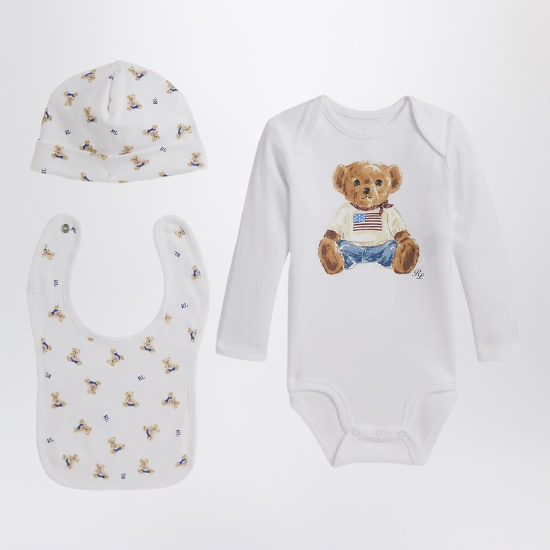 Three-piece Polo Bear cotton set in white