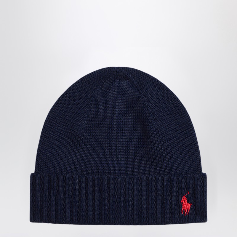 Navy blue wool beanie with logo