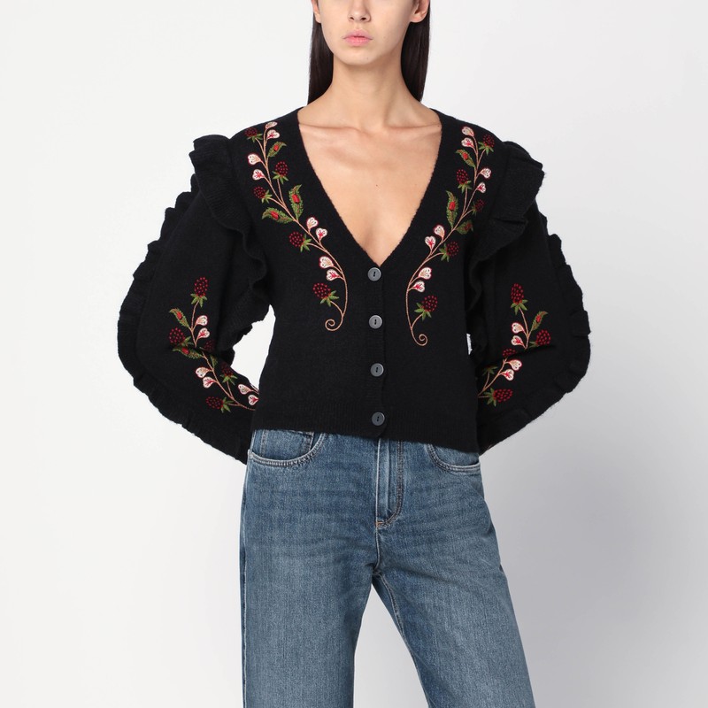 Black wool-blend cardigan with embroidery