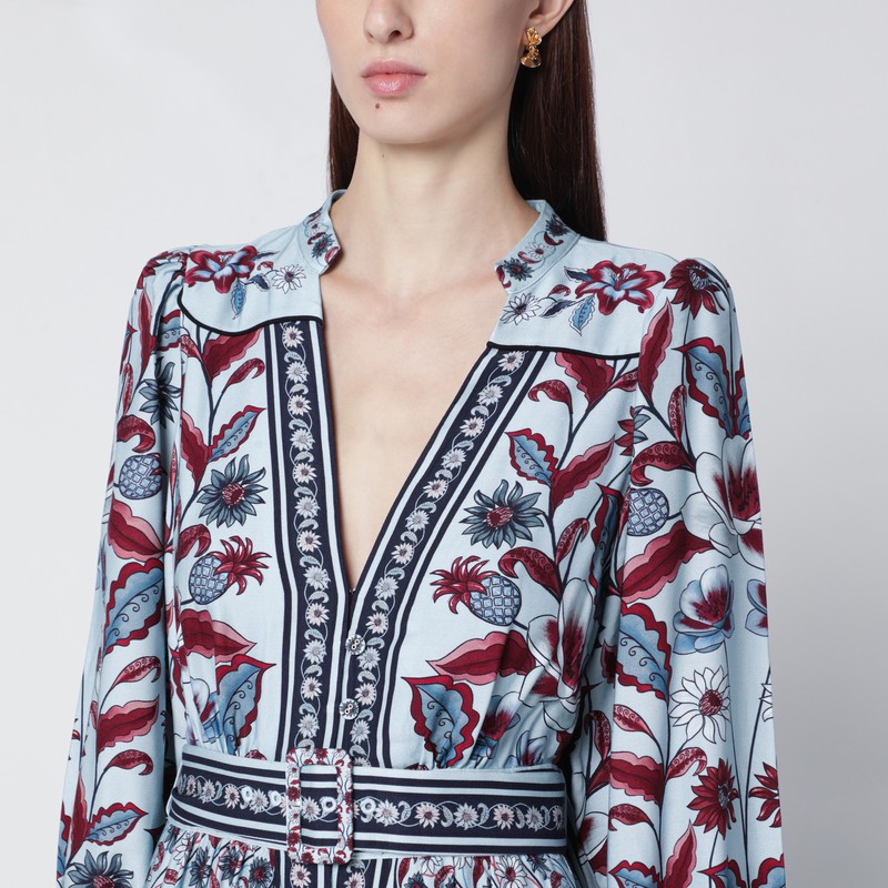 Farm Rio Light Blue Midi Dress With Floral Print In Blue
