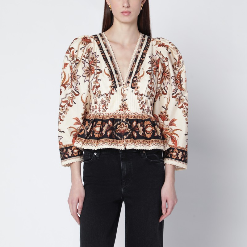 Farm Rio Sand “majestic Garden Lace” Blouse In Multi