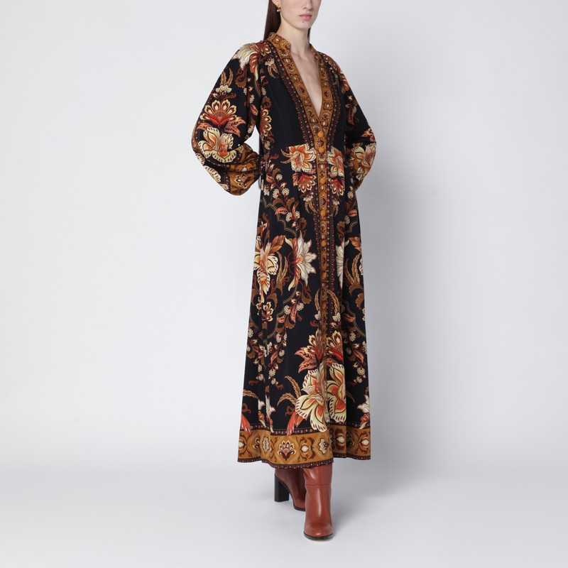 Farm Rio Black Majestic Garden Buttoned Puff Sleeve Maxi Dress In Brown