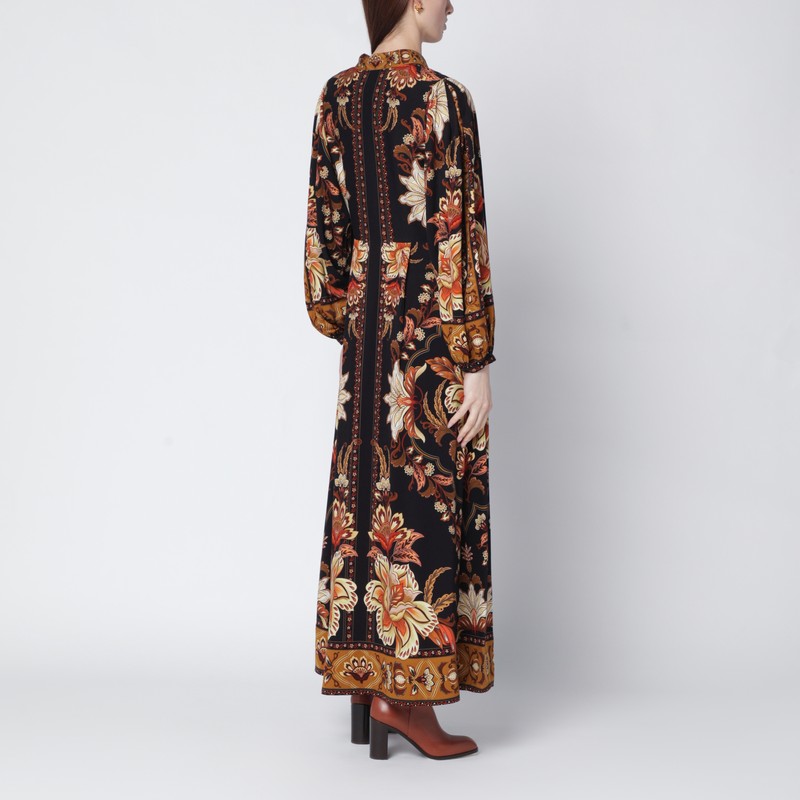 Farm Rio Black Majestic Garden Buttoned Puff Sleeve Maxi Dress In Brown