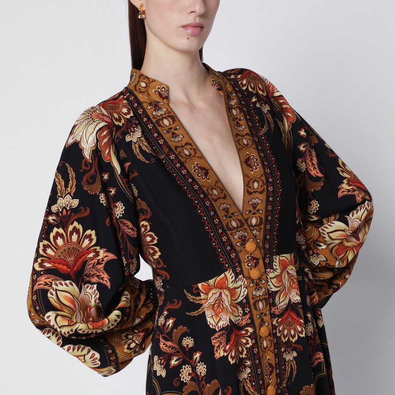 Farm Rio Black Majestic Garden Buttoned Puff Sleeve Maxi Dress In Brown