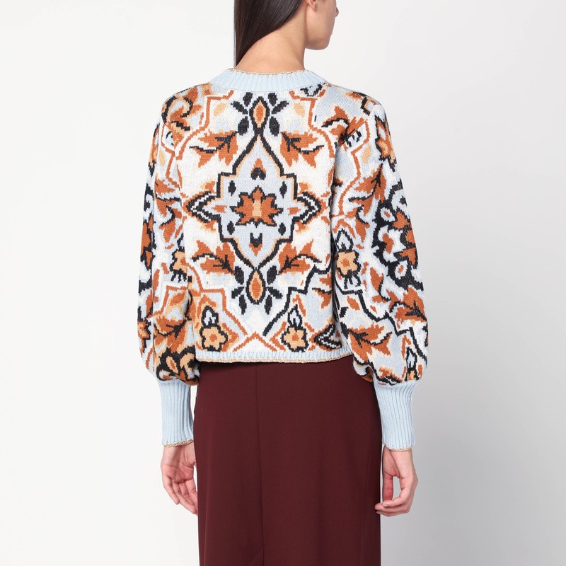 Farm Rio Light Blue Sweater With Tapestry Detail In Multi
