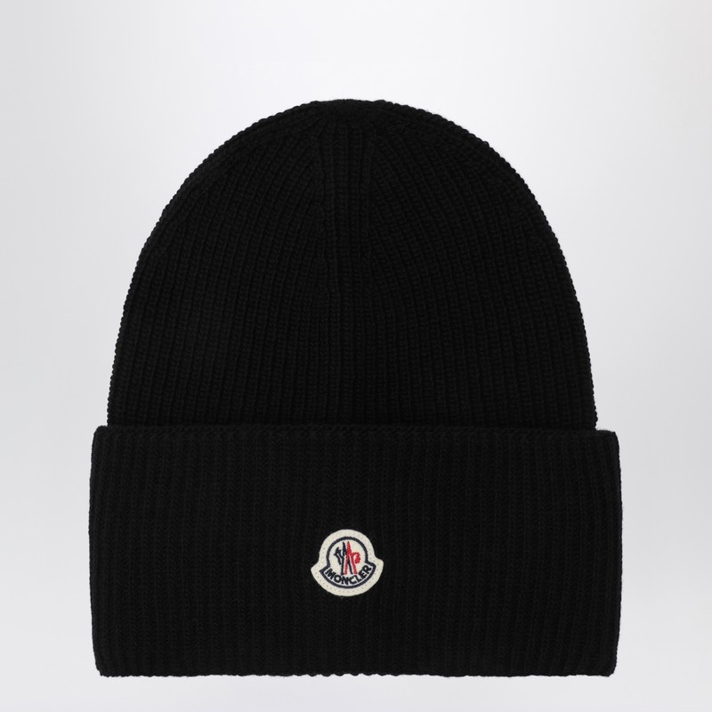 Black wool beanie with logo patch