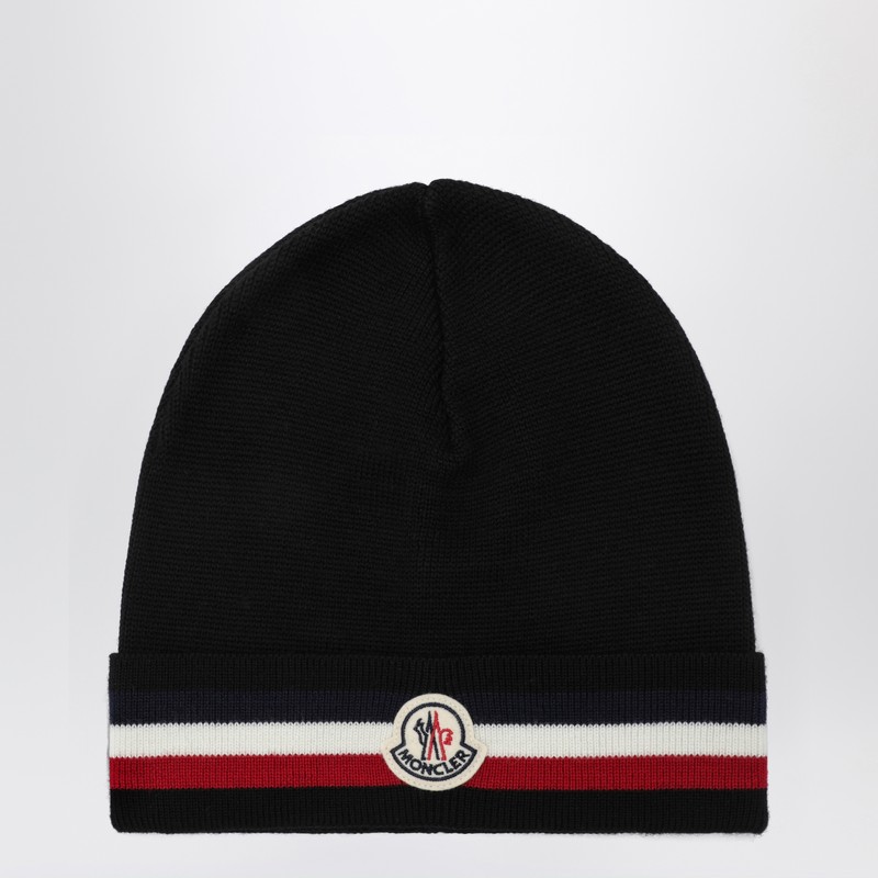 Black wool beanie with tricolor band