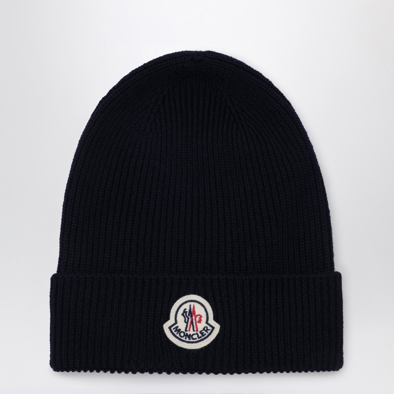 Blue wool beanie with logo patch