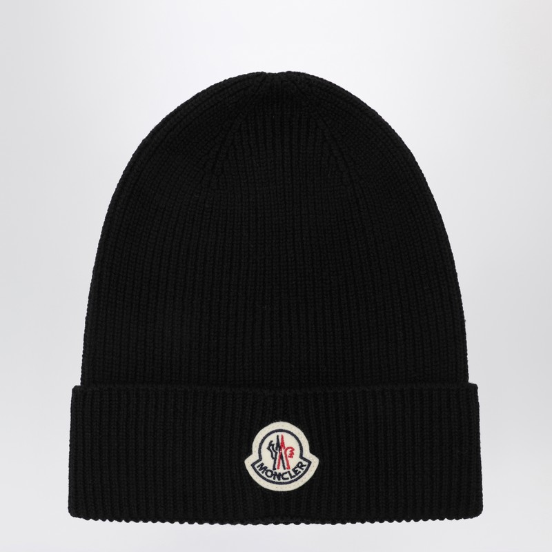 Black wool beanie with logo patch