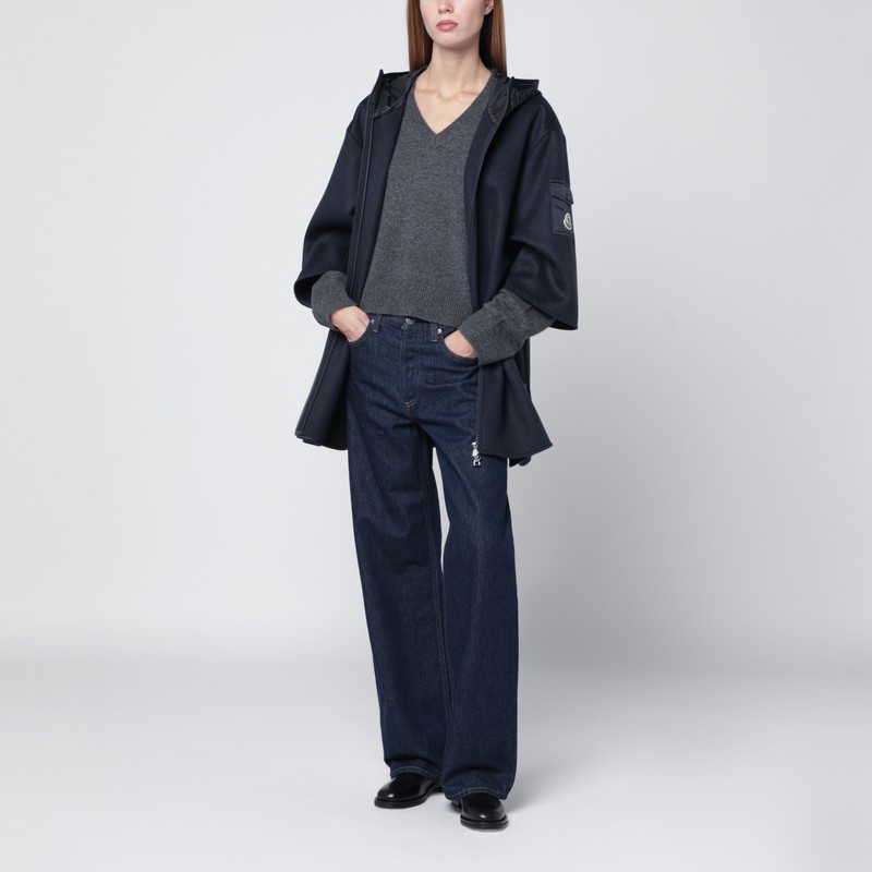 Moncler Blue Wool Blend Cape With Zip And Hood In Blue