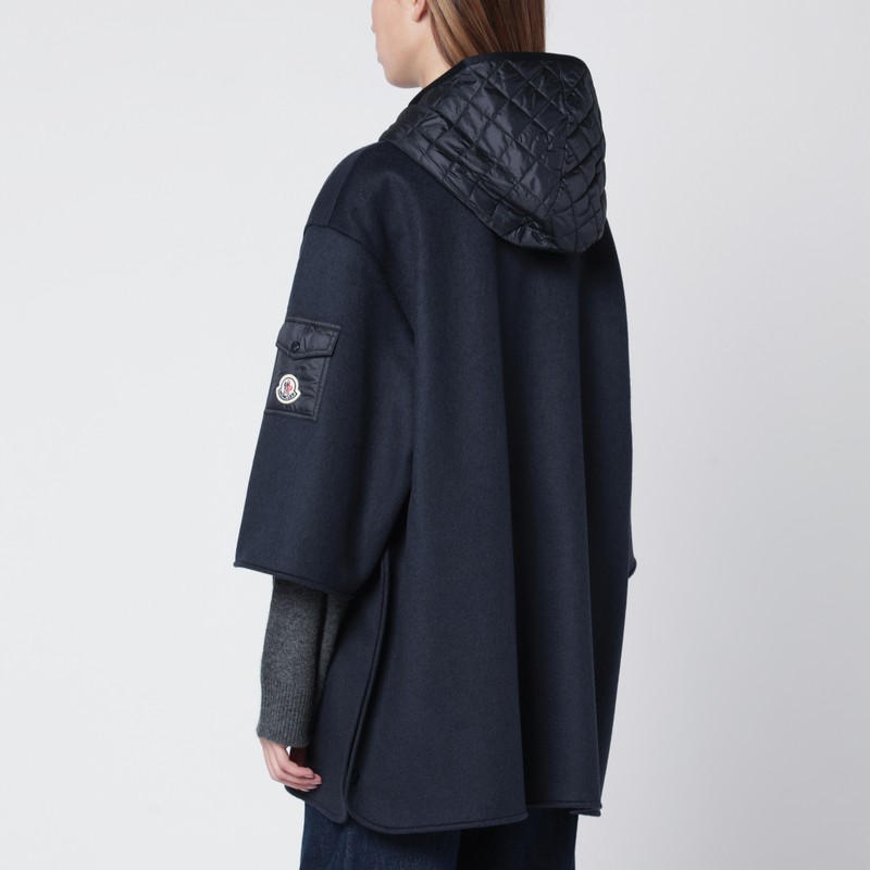 Moncler Blue Wool Blend Cape With Zip And Hood In Blue