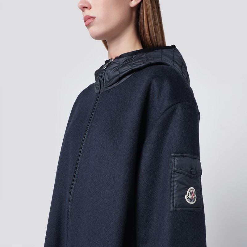 Moncler Blue Wool Blend Cape With Zip And Hood In Blue