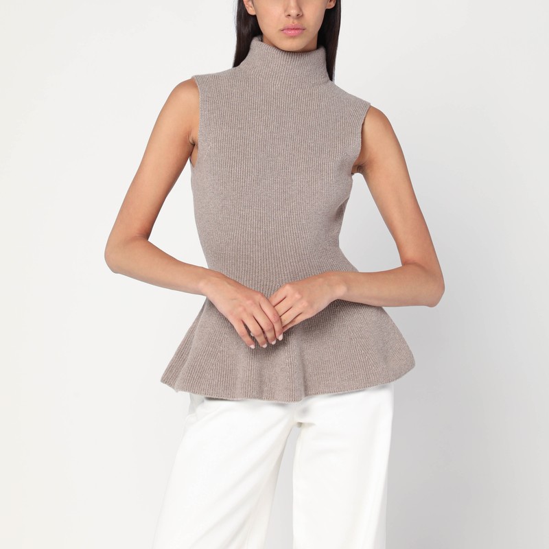 Sleeveless taupe mélange top in cashmere blend