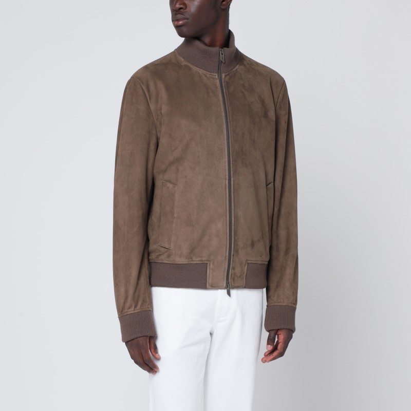 Brown suede leather zip bomber