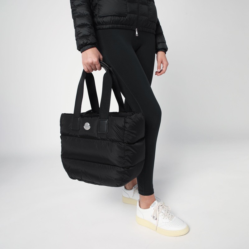Moncler Puffy Black Tote Bag With Top Zip And Dual Handles In Black