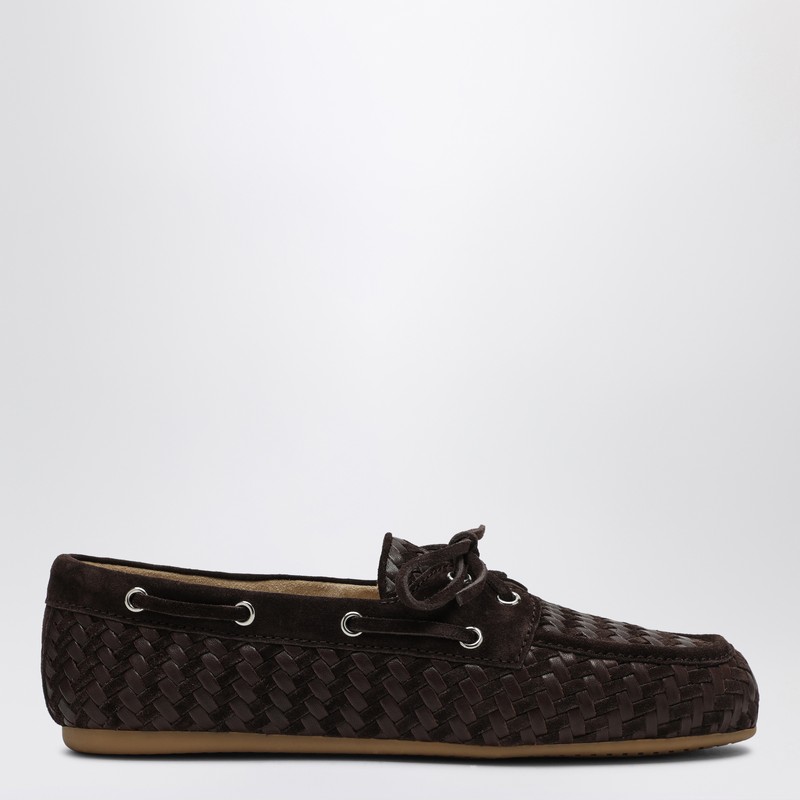 Brown leather and suede woven moccasins