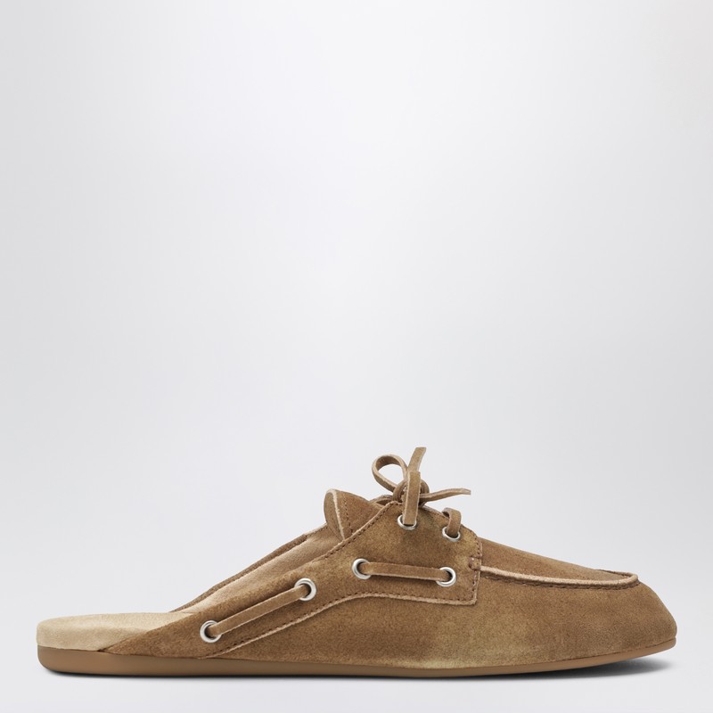 Cinnamon-colored washed suede leather mules
