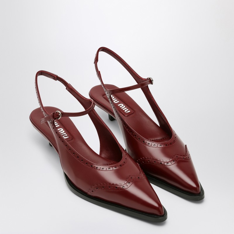 Miu Miu 35 Brogue Slingback Pumps In Brushed Leather In Bordeaux