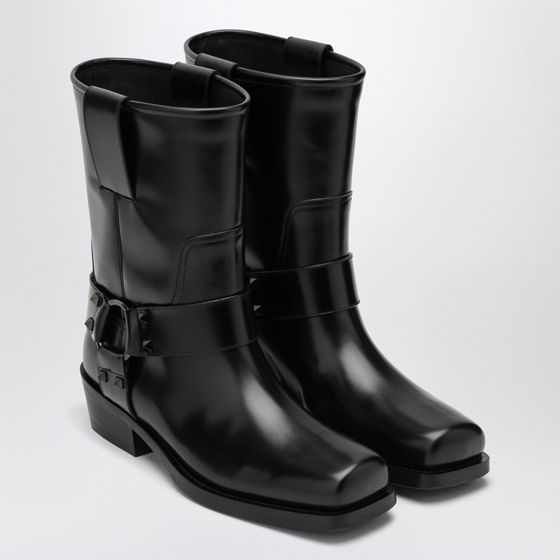 Valentino Black Leather Biker Rockstud Ankle Boots In Black