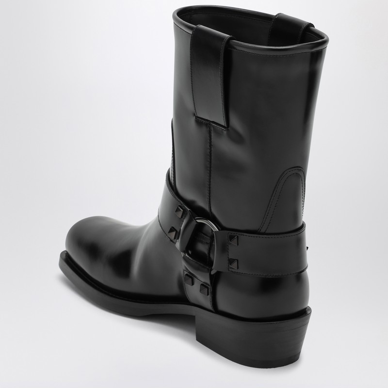 Valentino Black Leather Biker Rockstud Ankle Boots In Black