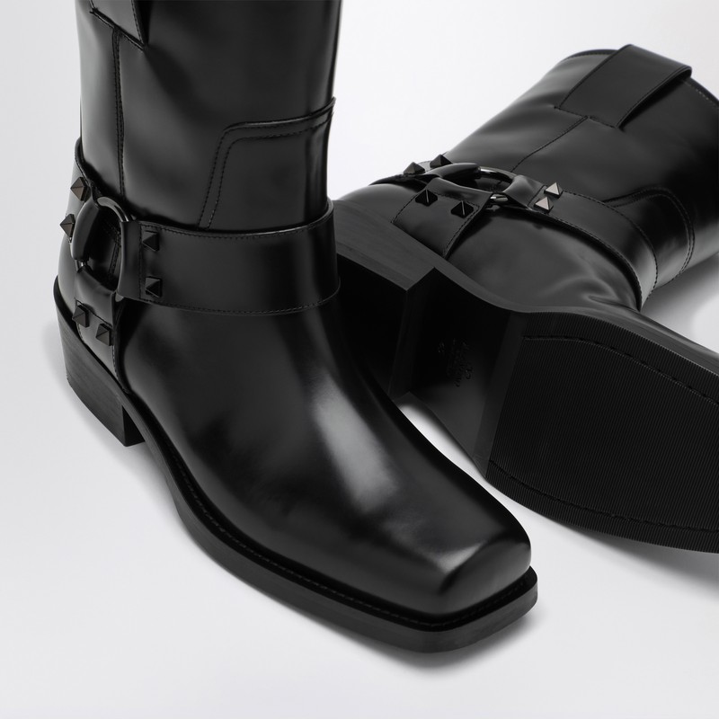 Valentino Black Leather Biker Rockstud Ankle Boots In Black