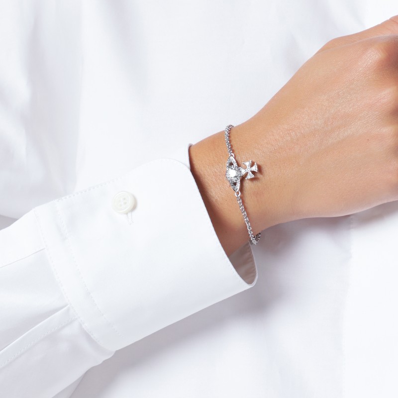 Vivienne Westwood Platinum Orb Logo Bracelet With Crystals In Metallic