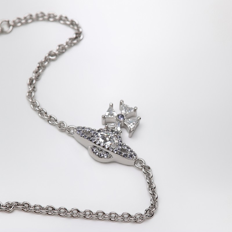 Vivienne Westwood Platinum Orb Logo Bracelet With Crystals In Metallic