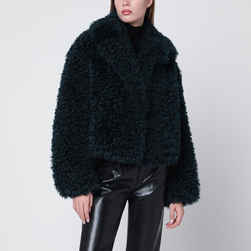 Stand Studio Petrol Green Short Faux-fur Jacket