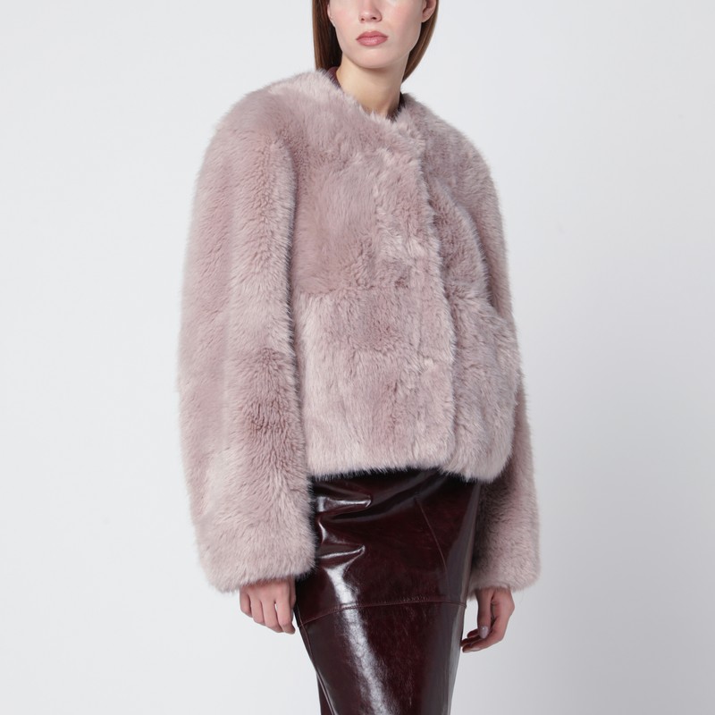 Pink short crewneck faux-fur jacket