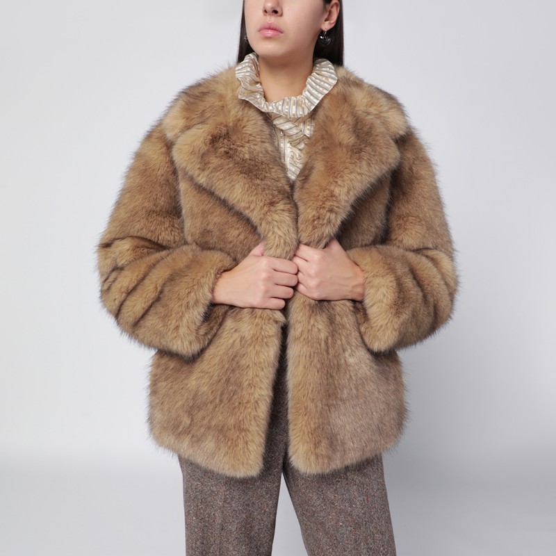 Stand Studio Light Brown Short Faux-fur Jacket In Sand