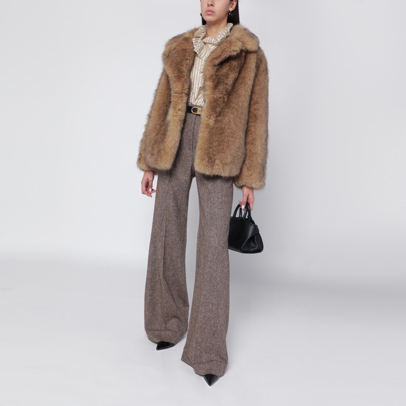 Stand Studio Light Brown Short Faux-fur Jacket In Sand