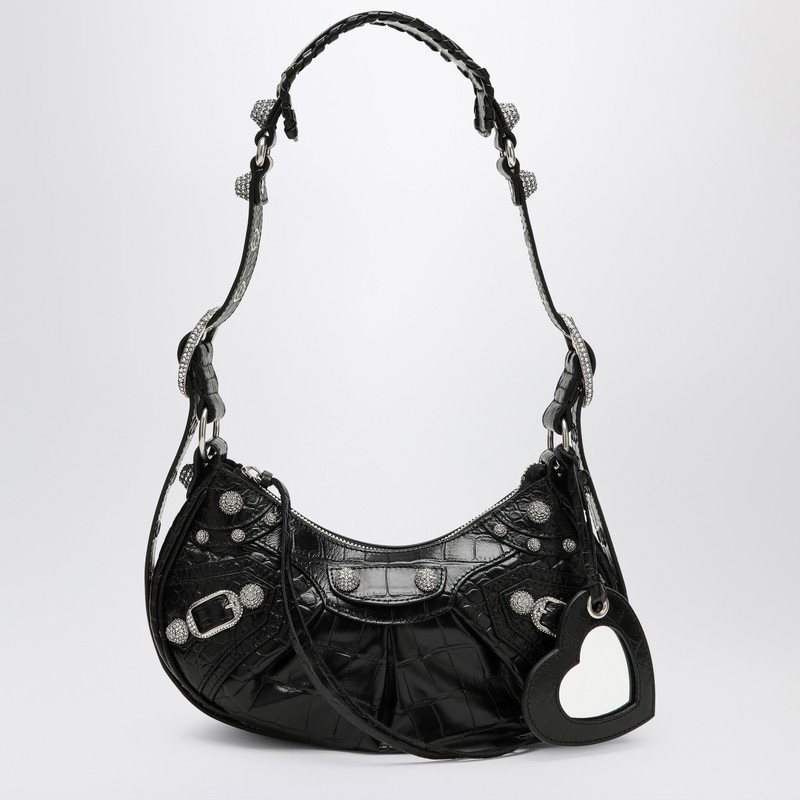 Le Cagole XS black crocodile-effect mini bag with rhinestones