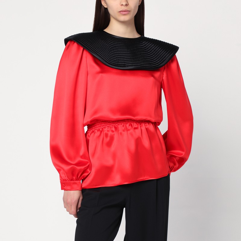 Red silk blouse with black collar