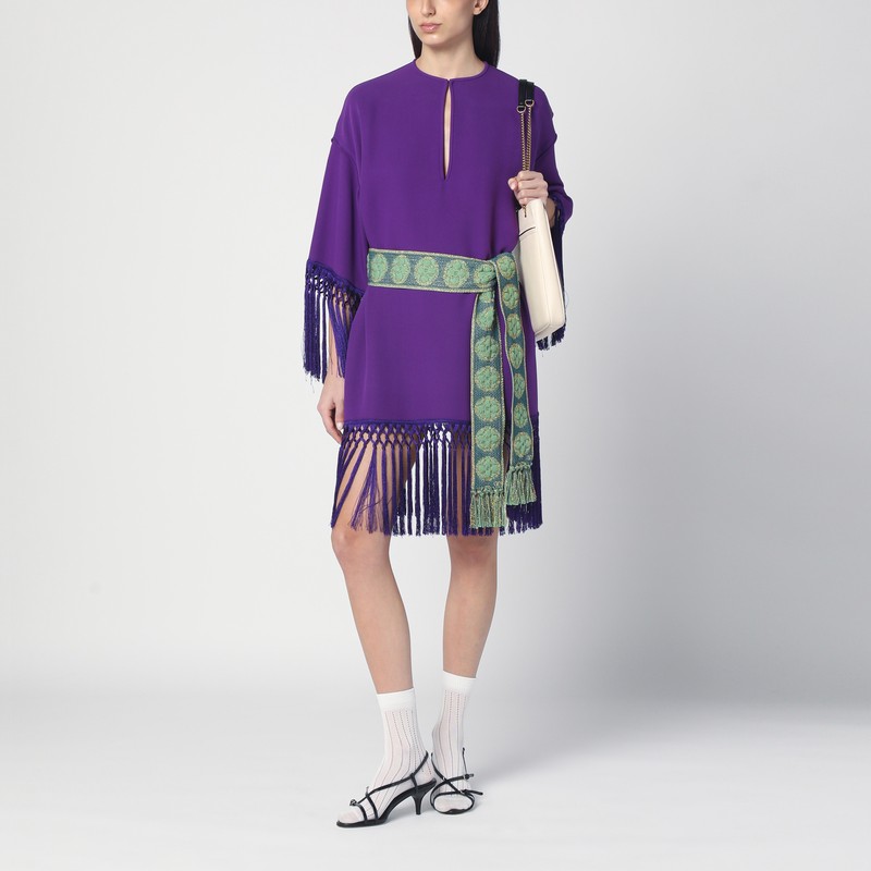 Valentino Fringed Keyhole Neckline Mid-length Sleeves Dress In Purple
