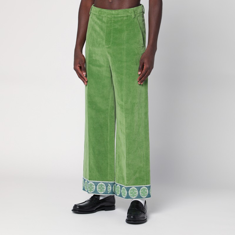 Valentino Garavani Velvet Trousers With Jacquard Hem In Green