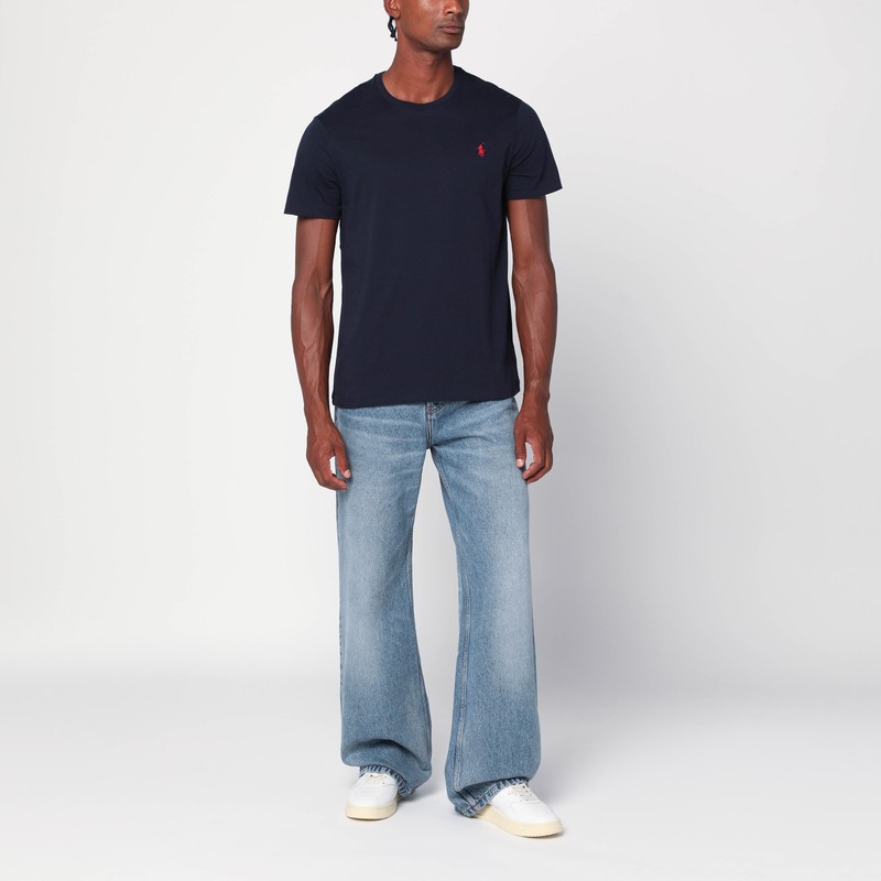 Polo Ralph Lauren Blue Crewneck T-shirt With Pony Embroidery On The Front In Blue