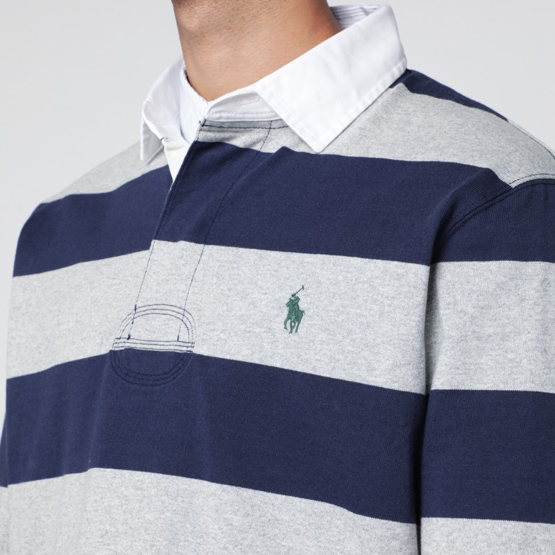 Polo Ralph Lauren Navy Blue And Grey Striped Classic Fit Polo Shirt In Blue