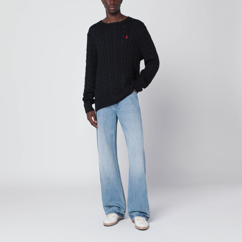 Polo Ralph Lauren Black Cotton Cable Knit Sweater In Black