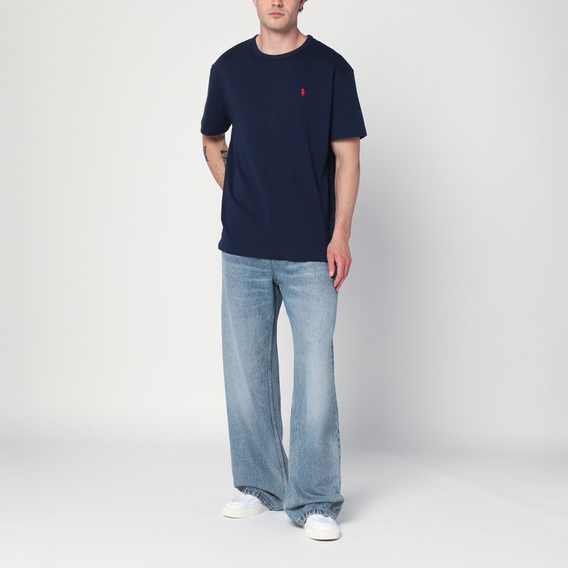 Polo Ralph Lauren Blue Crewneck T-shirt With Pony Embroidery On The Front In Blue